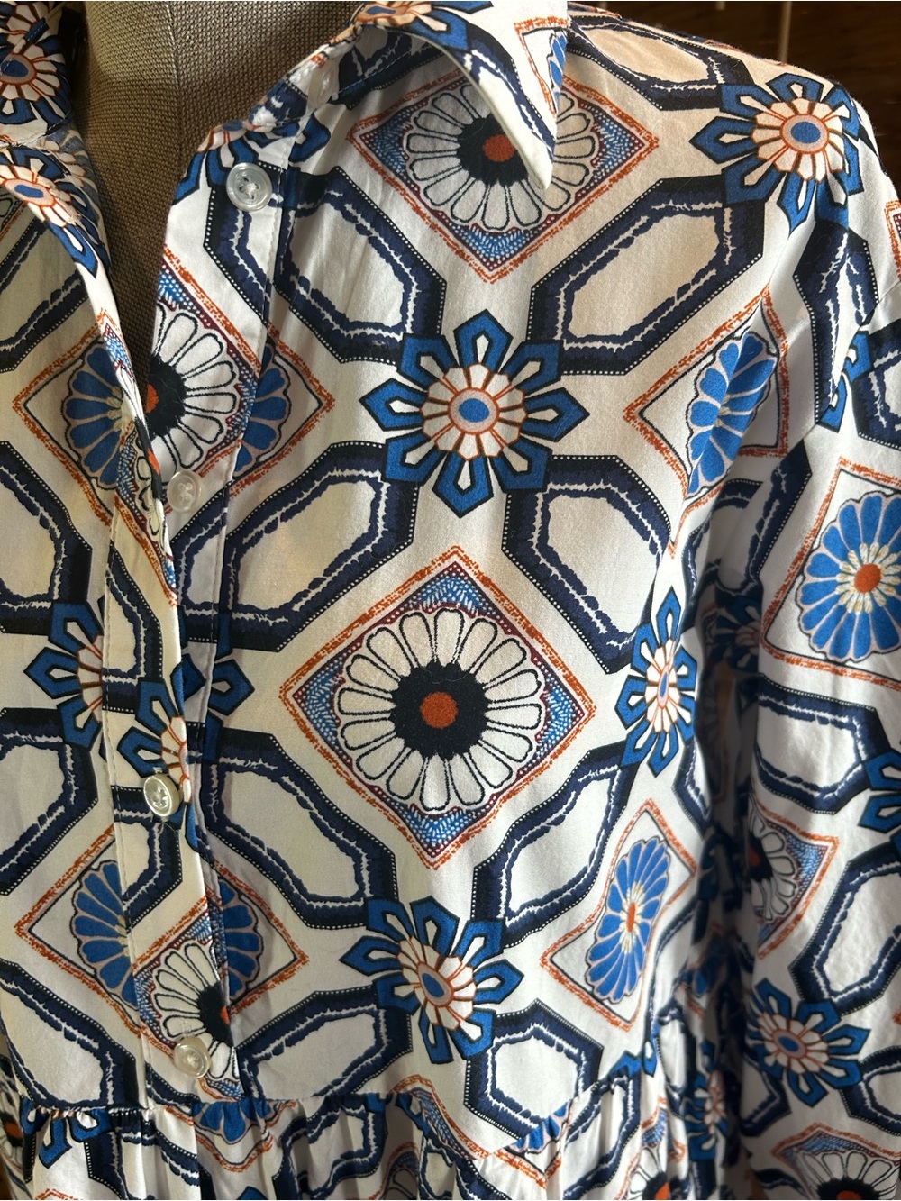 Anthropologie Sz Small Maxi Dress with Blue and Brown Tile Print Cotton Boho - Picture 3 of 7